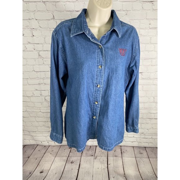 Luna Pier Medium Wash Denim Long Sleeve Embroidered Wisconsin Logo Shirt Size M - Picture 1 of 8